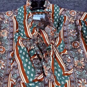 Vintage Lucky Winner Floral Print Ruffle Blouse - Green Brown Size 11/12